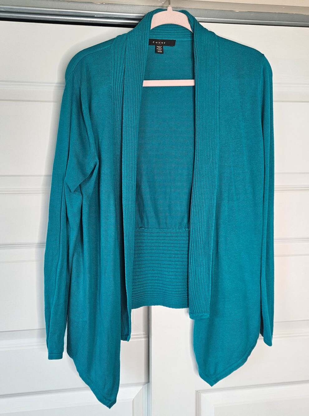 Fever Open Front Cardigan Sweater Teal Turquoise Cotton Rayon Knit Womens Medium